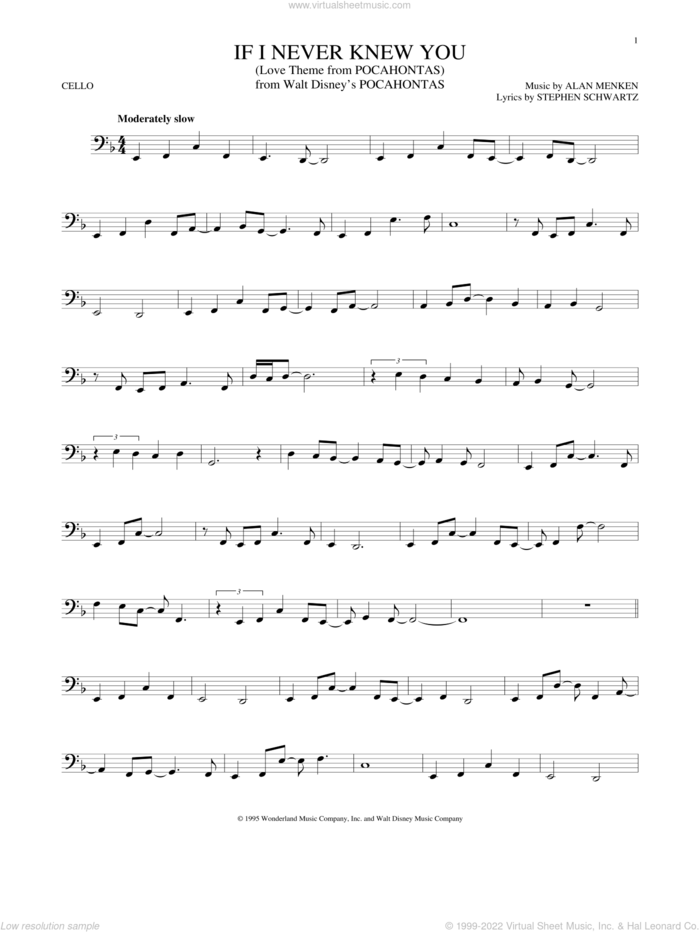 If I Never Knew You (End Title) (from Pocahontas) sheet music for cello solo by Jon Secada and Shanice, Alan Menken and Stephen Schwartz, intermediate skill level