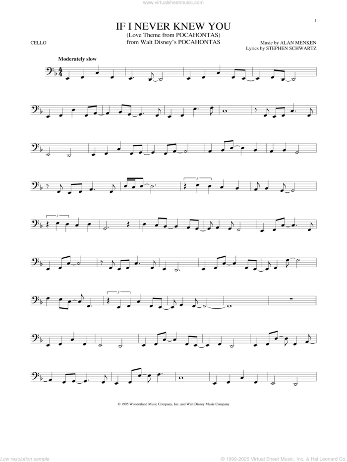 If I Never Knew You (End Title) (from Pocahontas) sheet music for cello solo by Jon Secada and Shanice, Alan Menken and Stephen Schwartz, intermediate skill level