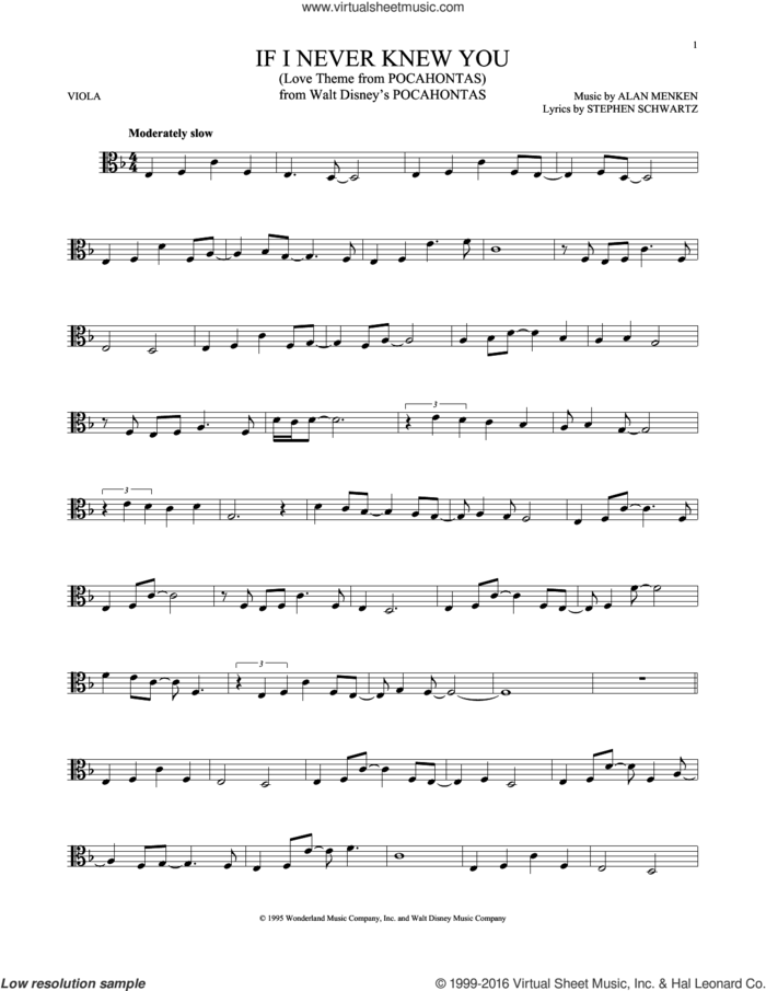 If I Never Knew You (End Title) (from Pocahontas) sheet music for viola solo by Jon Secada and Shanice, Alan Menken and Stephen Schwartz, intermediate skill level