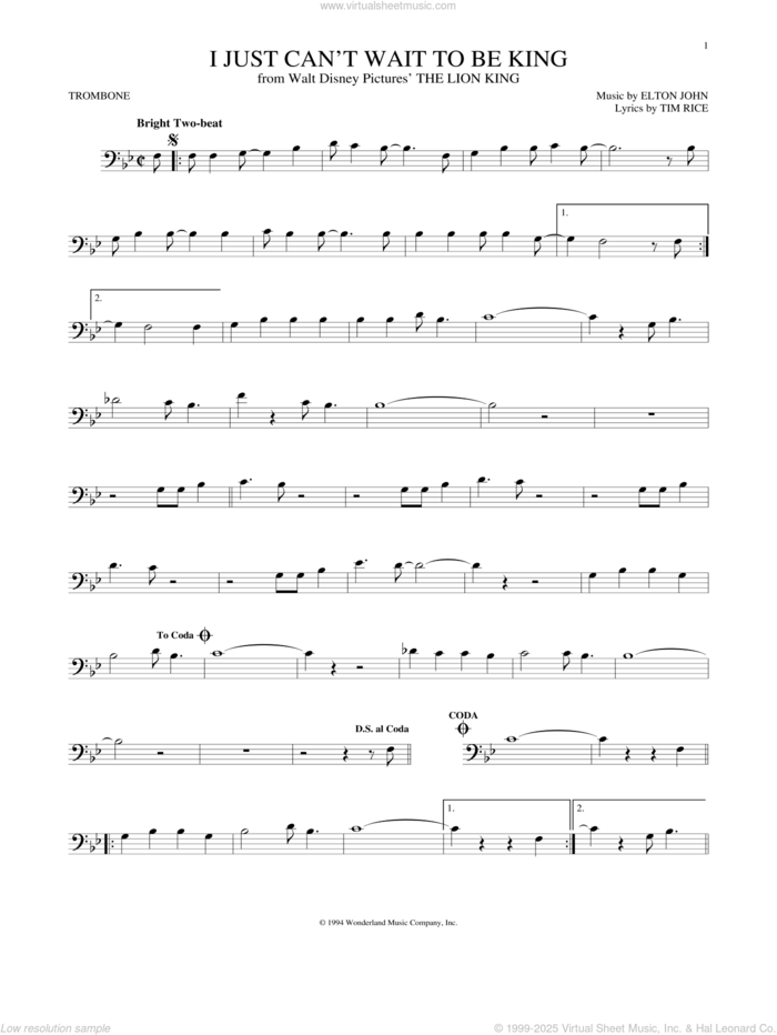 I Just Can't Wait To Be King (from The Lion King) sheet music for trombone solo by Tim Rice and Elton John, intermediate skill level