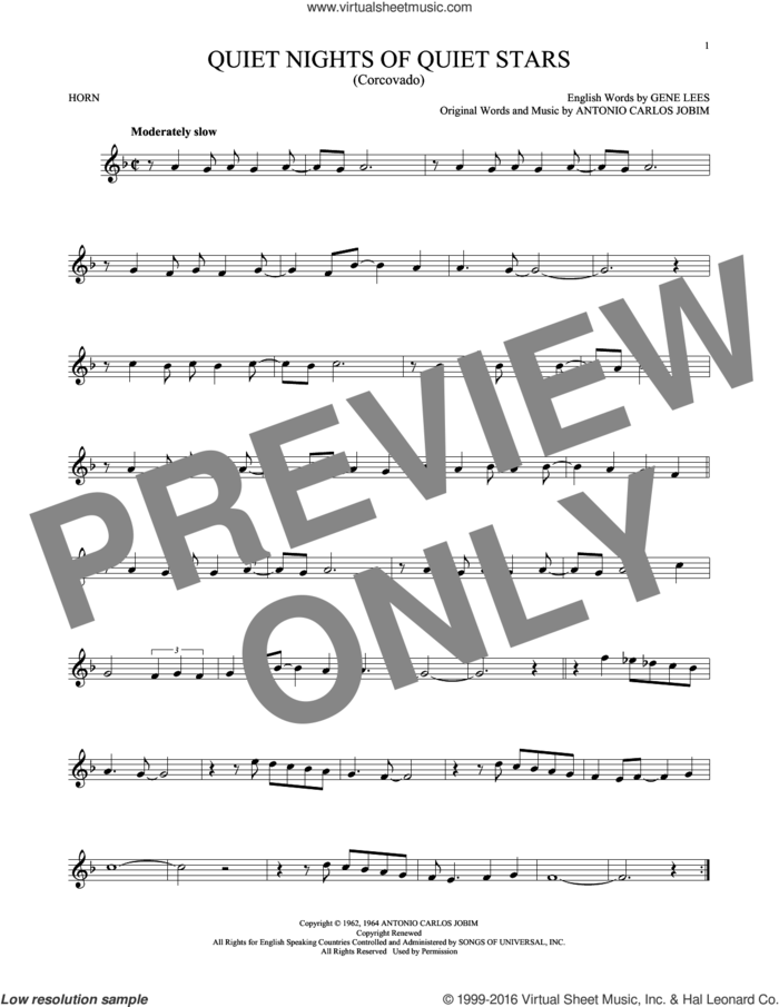 Quiet Nights Of Quiet Stars (Corcovado) sheet music for horn solo by Andy Williams, Antonio Carlos Jobim and Eugene John Lees, intermediate skill level