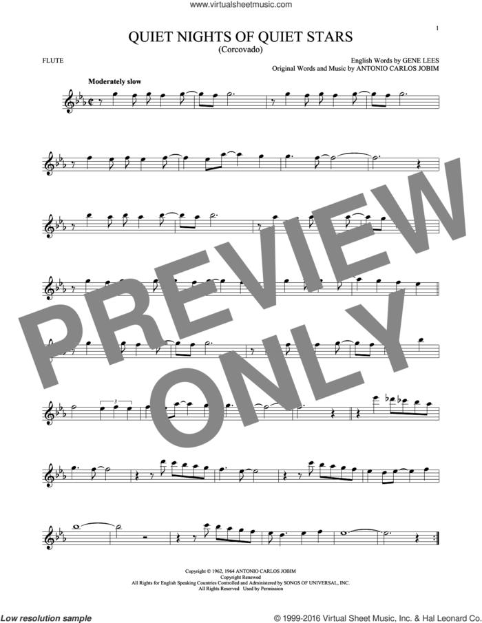 Quiet Nights Of Quiet Stars (Corcovado) sheet music for flute solo by Andy Williams, Antonio Carlos Jobim and Eugene John Lees, intermediate skill level