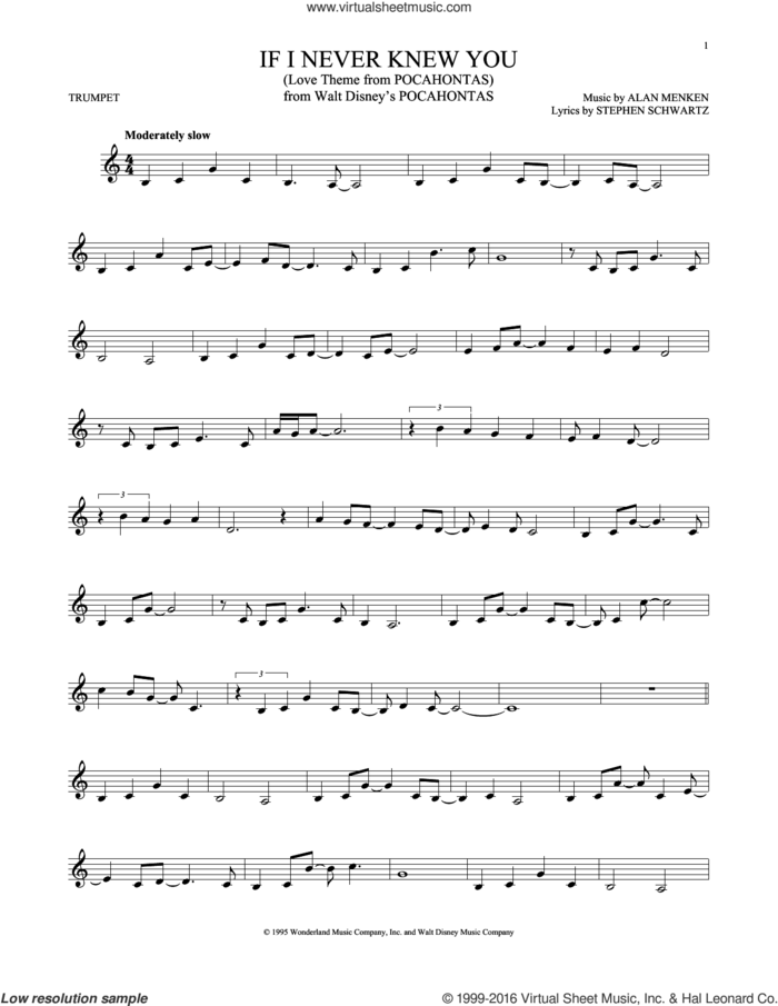 If I Never Knew You (End Title) (from Pocahontas) sheet music for trumpet solo by Jon Secada and Shanice, Alan Menken and Stephen Schwartz, intermediate skill level