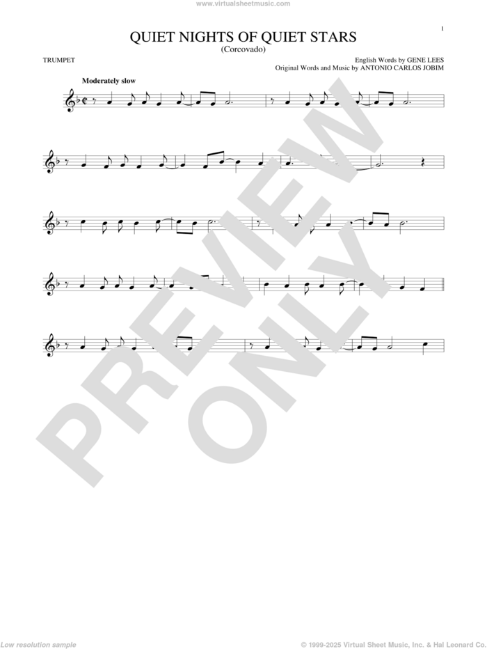 Quiet Nights Of Quiet Stars (Corcovado) sheet music for trumpet solo by Andy Williams, Antonio Carlos Jobim and Eugene John Lees, intermediate skill level