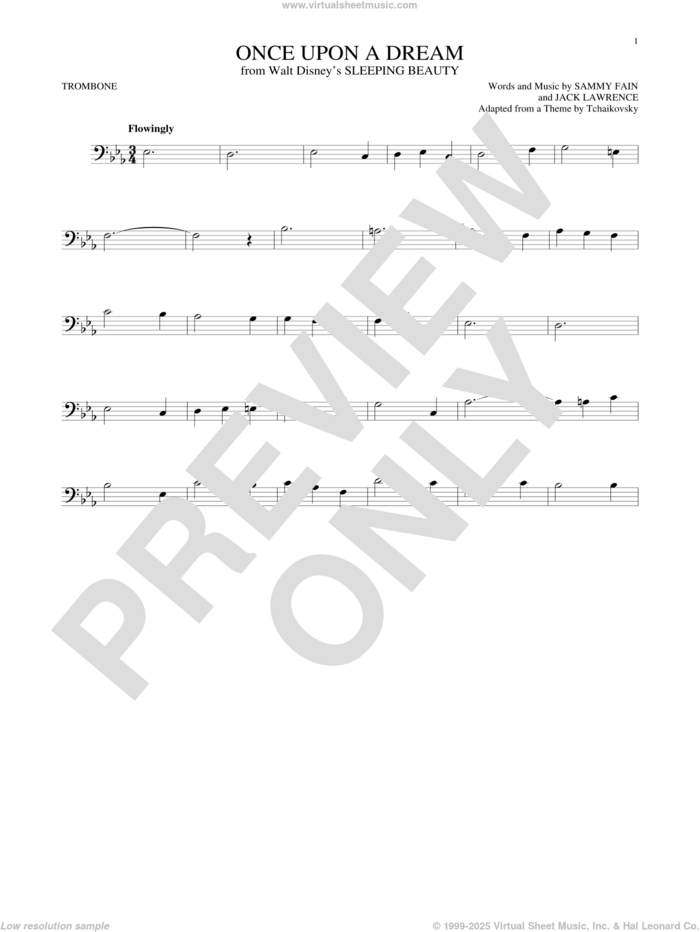 Once Upon A Dream sheet music for trombone solo by Sammy Fain and Jack Lawrence, intermediate skill level