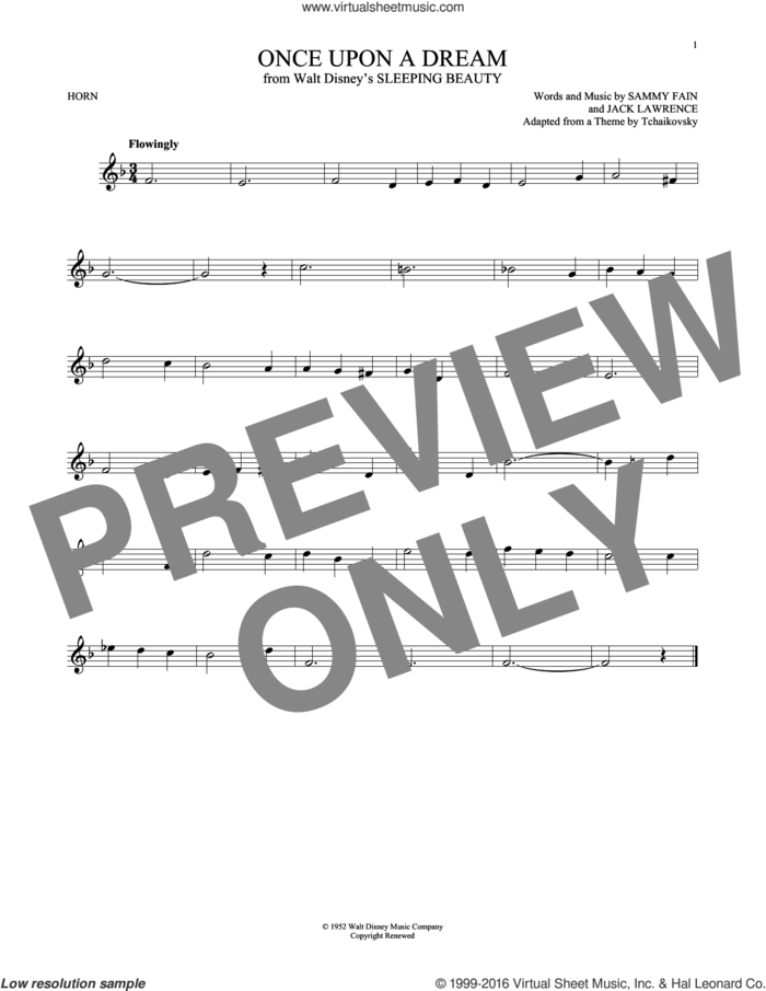 Once Upon A Dream sheet music for horn solo by Sammy Fain and Jack Lawrence, intermediate skill level
