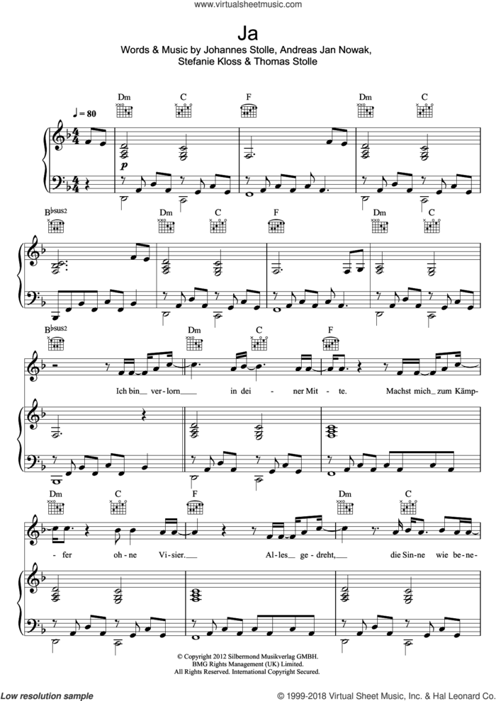 Ja sheet music for voice and piano by Silbermond, intermediate skill level