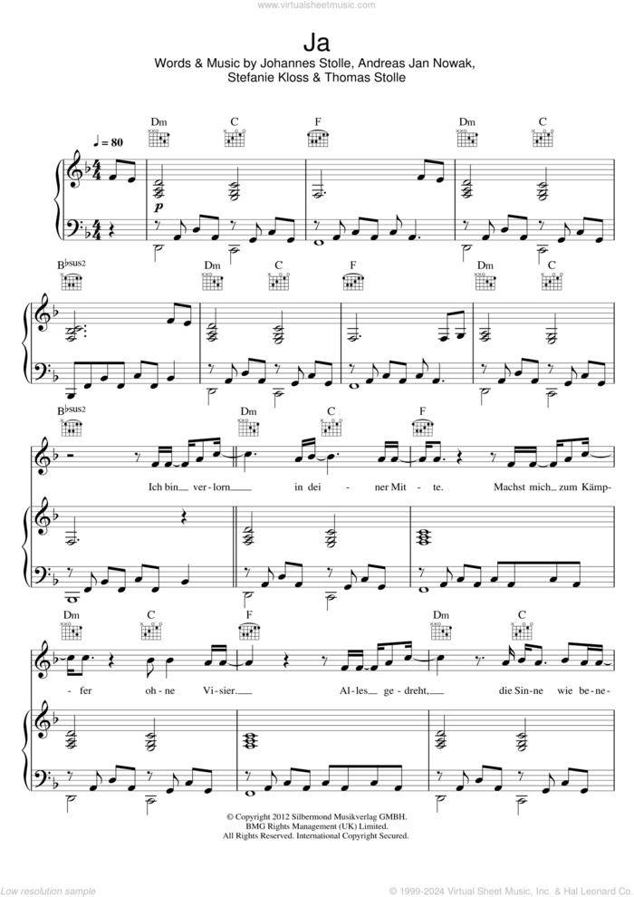 Ja sheet music for voice and piano by Silbermond, intermediate skill level