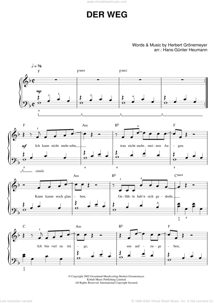 Der Weg sheet music for piano solo by Herbert Groenemeyer, easy skill level