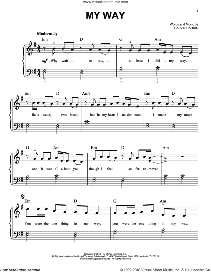 My Way sheet music for piano solo by Calvin Harris, beginner skill level