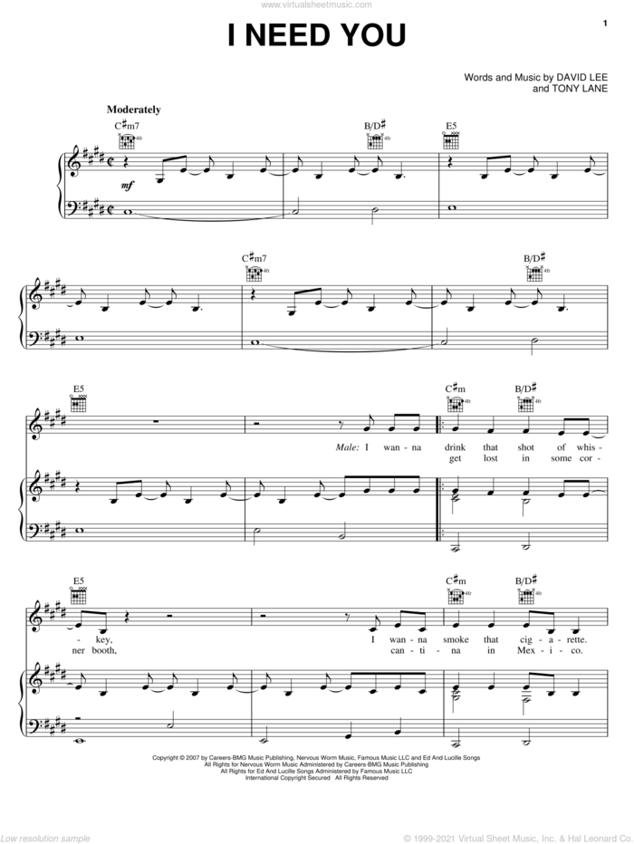 I Need You sheet music for voice, piano or guitar by Faith Hill with Tim McGraw, Faith Hill, Tim McGraw, David Lee and Tony Lane, intermediate skill level