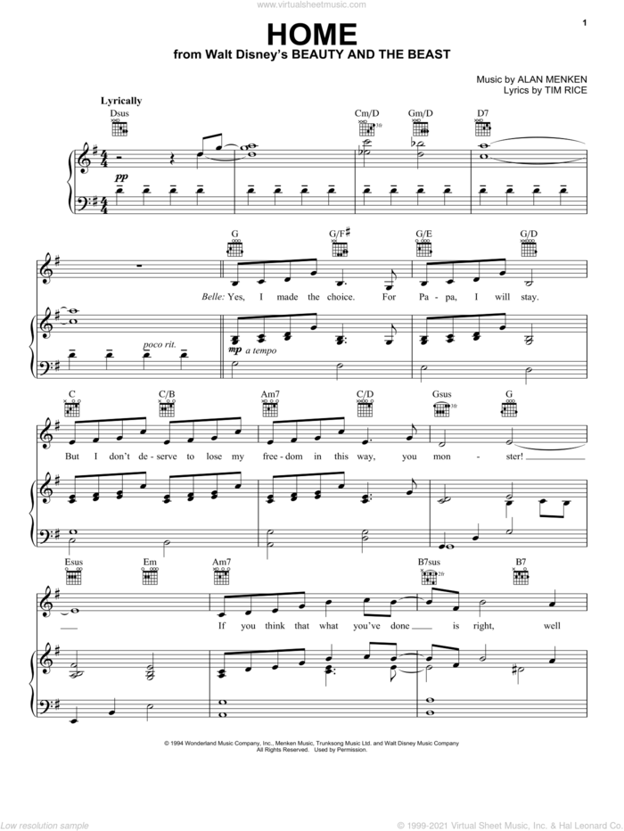 Home (from Beauty and the Beast: The Broadway Musical) sheet music for voice, piano or guitar by Alan Menken and Tim Rice, intermediate skill level