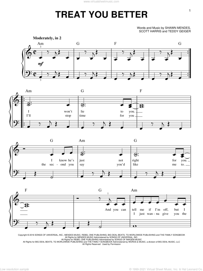 Treat You Better, (beginner) sheet music for piano solo by Shawn Mendes, Scott Harris and Teddy Geiger, beginner skill level