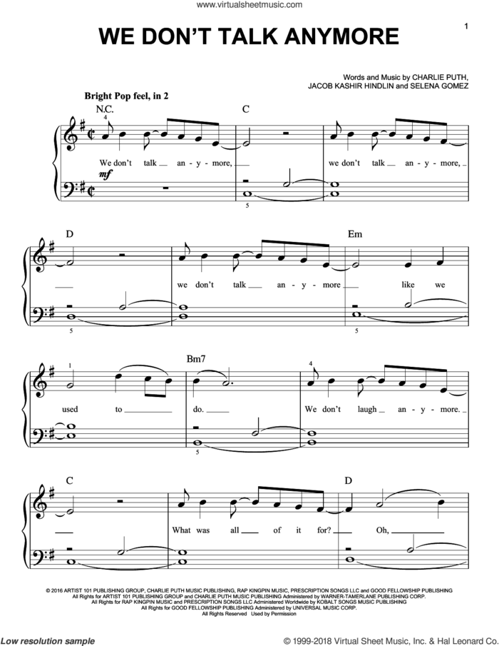 We Don't Talk Anymore sheet music for piano solo by Charlie Puth feat. Selena Gomez, Charlie Puth, Jacob Kasher Hindlin and Selena Gomez, beginner skill level