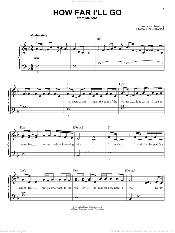 How Far I'll Go (from Moana) sheet music for piano solo by Alessia Cara and Lin-Manuel Miranda, easy skill level