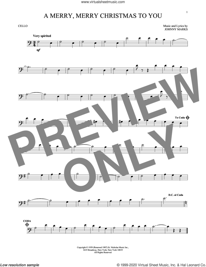 A Merry, Merry Christmas To You sheet music for cello solo by Johnny Marks, intermediate skill level