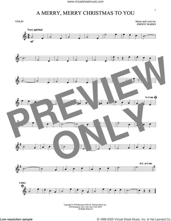 A Merry, Merry Christmas To You sheet music for violin solo by Johnny Marks, intermediate skill level
