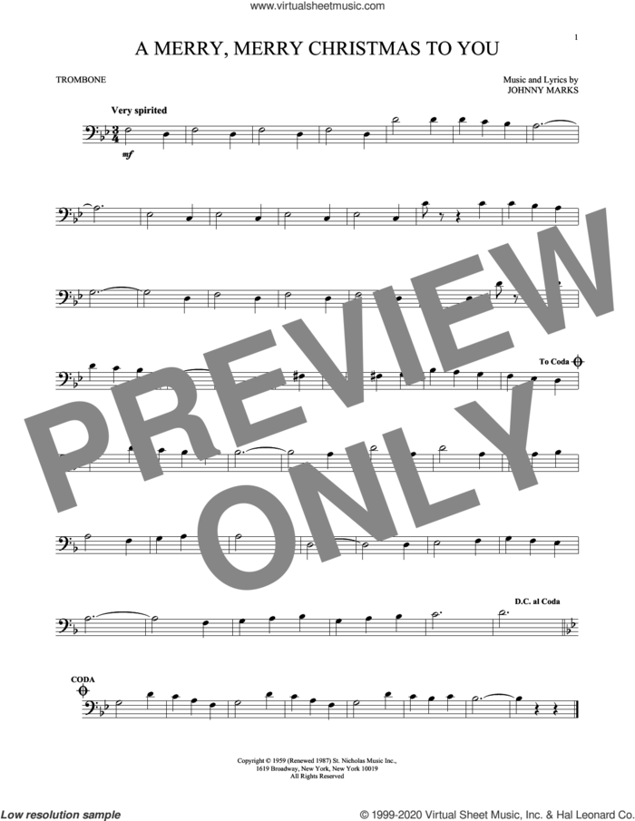 A Merry, Merry Christmas To You sheet music for trombone solo by Johnny Marks, intermediate skill level