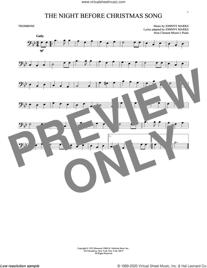 The Night Before Christmas Song sheet music for trombone solo by Johnny Marks from Clement Moor and Johnny Marks, intermediate skill level