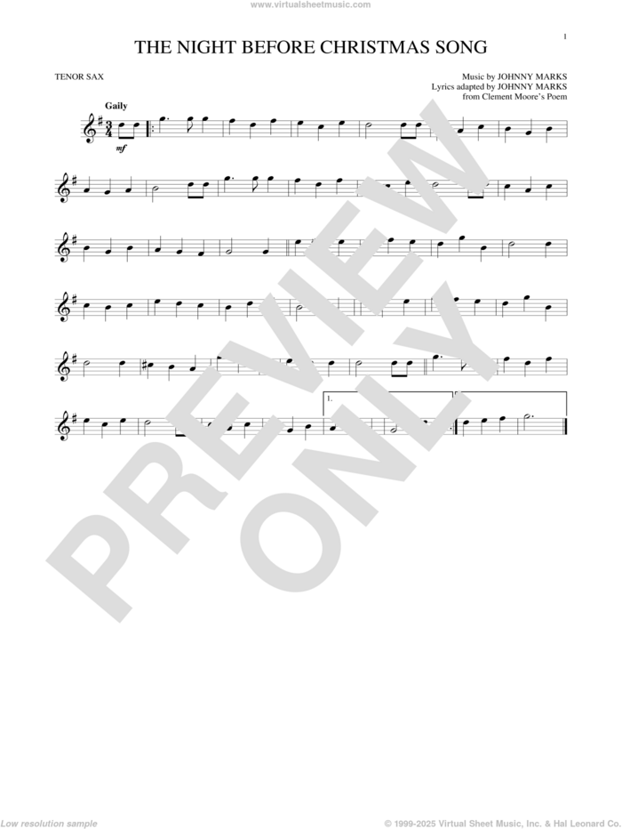 The Night Before Christmas Song sheet music for tenor saxophone solo by Johnny Marks from Clement Moor and Johnny Marks, intermediate skill level