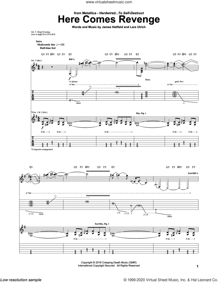 Here Comes Revenge sheet music for guitar (tablature) by Metallica, James Hetfield and Lars Ulrich, intermediate skill level