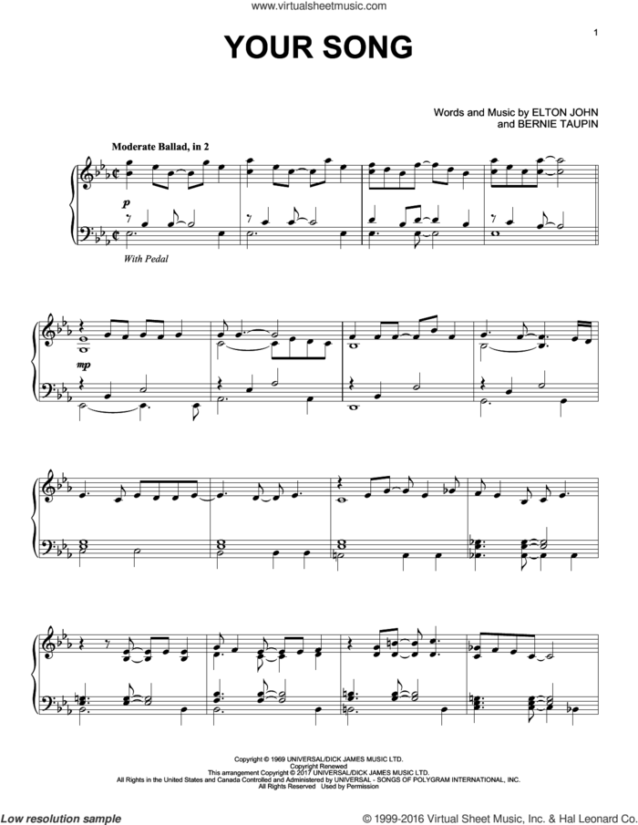 Your Song sheet music for piano solo by Elton John, Rod Stewart and Bernie Taupin, intermediate skill level