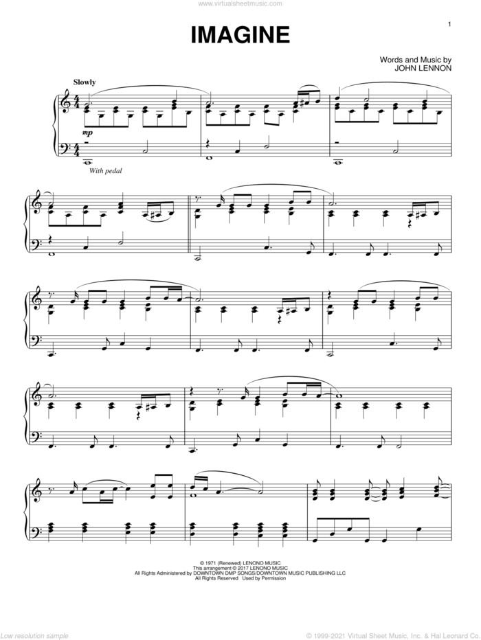 Imagine sheet music for piano solo by John Lennon and John Lennon and the Plastic Ono Band, intermediate skill level