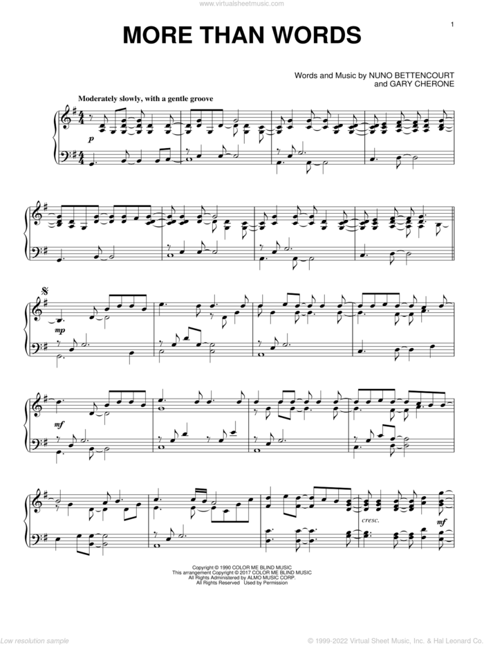 More Than Words, (intermediate) sheet music for piano solo by Extreme, Gary Cherone and Nuno Bettencourt, intermediate skill level