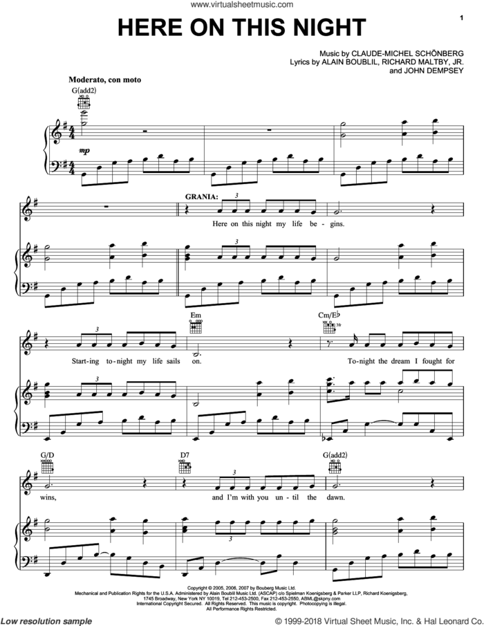 Here On This Night (from The Pirate Queen) sheet music for voice, piano or guitar by Claude-Michel Schonberg, The Pirate Queen (Musical), Alain Boublil, Boublil and Schonberg, John Dempsey and Richard Maltby, Jr., intermediate skill level