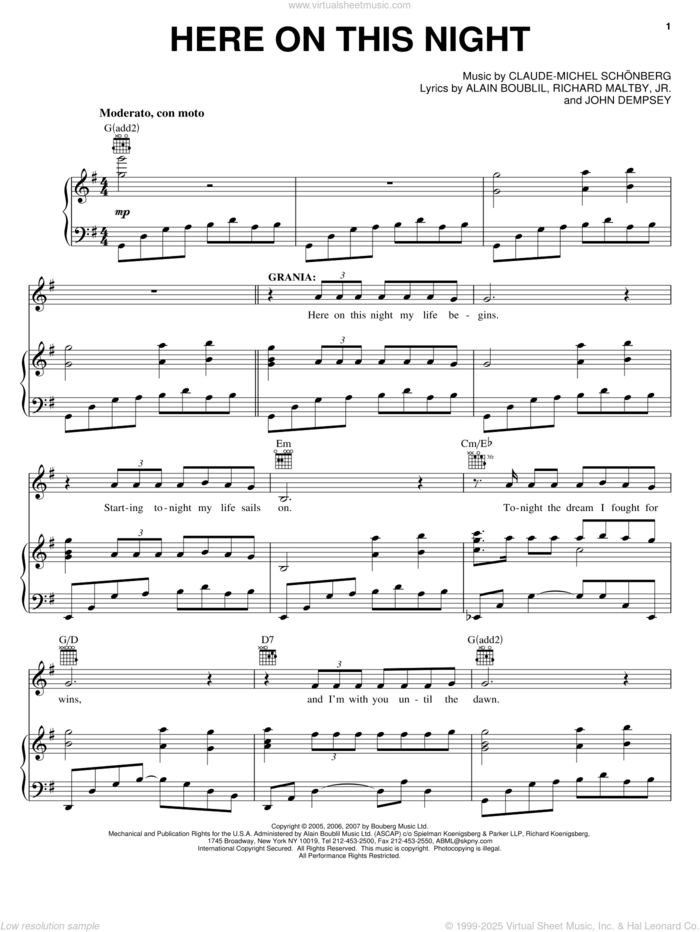 Here On This Night (from The Pirate Queen) sheet music for voice, piano or guitar by Claude-Michel Schonberg, The Pirate Queen (Musical), Alain Boublil, Boublil and Schonberg, John Dempsey and Richard Maltby, Jr., intermediate skill level