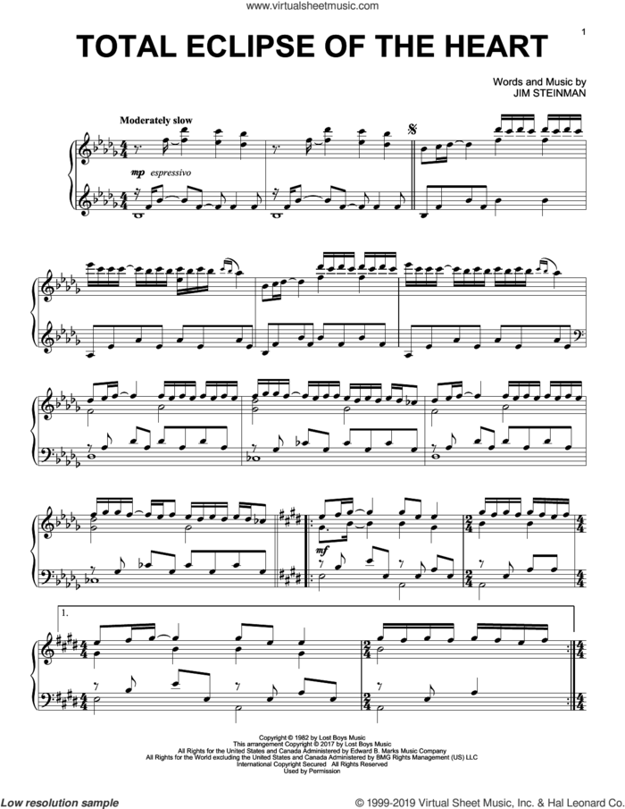 Total Eclipse Of The Heart sheet music for piano solo by Bonnie Tyler, Nicki French and Jim Steinman, intermediate skill level