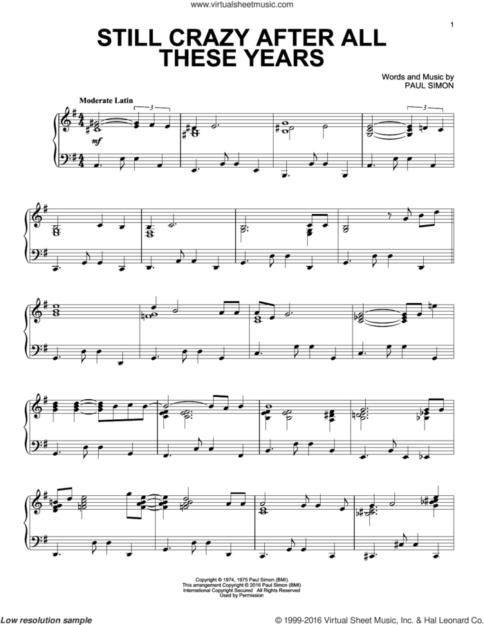 Still Crazy After All These Years sheet music for piano solo by Simon & Garfunkel and Paul Simon, intermediate skill level