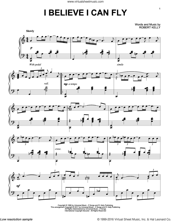 I Believe I Can Fly sheet music for piano solo by Robert Kelly and Jermaine Paul, intermediate skill level