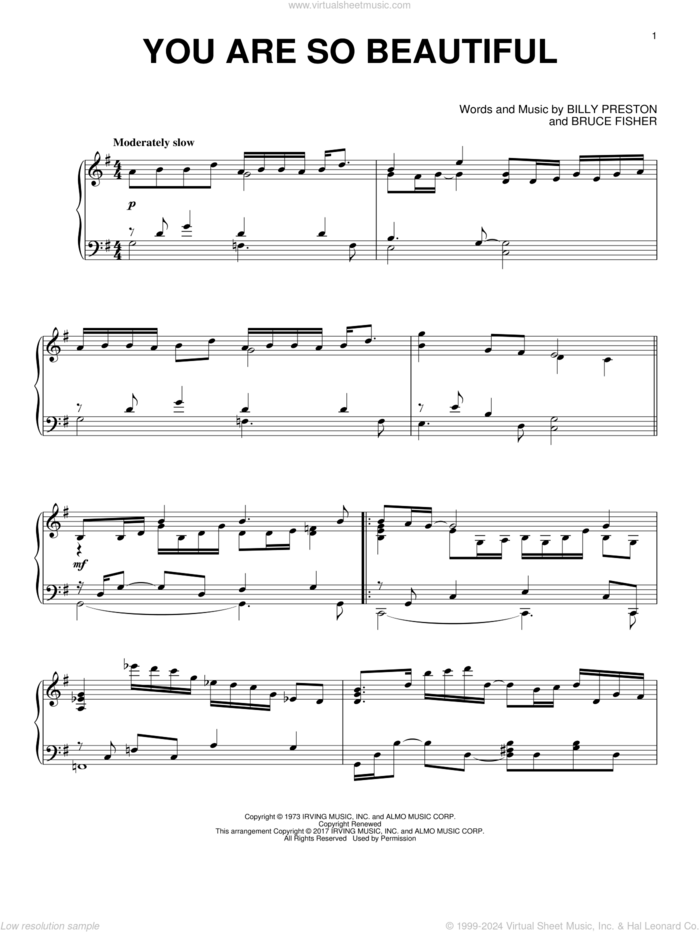 You Are So Beautiful, (intermediate) sheet music for piano solo by Joe Cocker, Billy Preston and Bruce Fisher, intermediate skill level