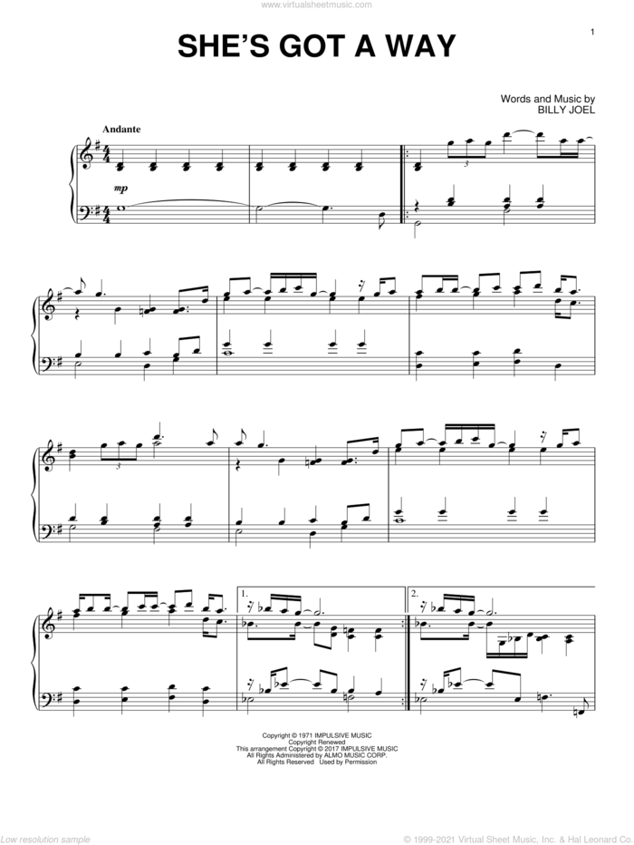 She's Got A Way sheet music for piano solo by Billy Joel, intermediate skill level