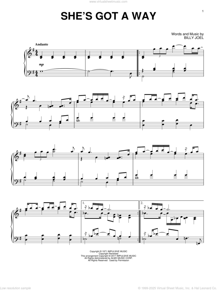 She's Got A Way sheet music for piano solo by Billy Joel, intermediate skill level