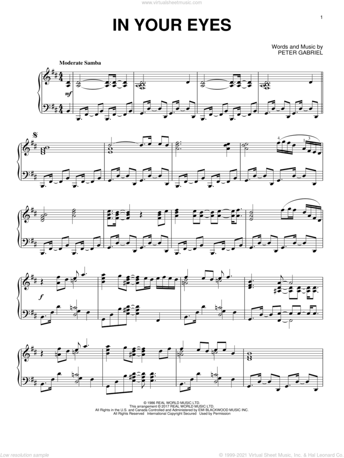 In Your Eyes, (intermediate) sheet music for piano solo by Peter Gabriel, intermediate skill level