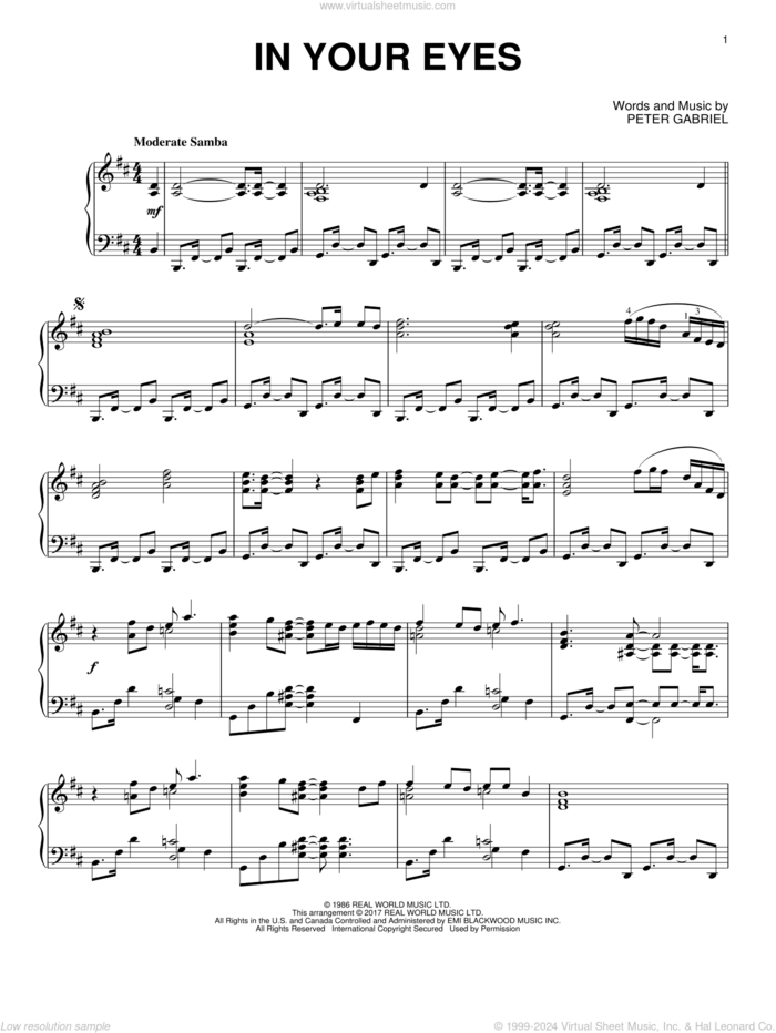 In Your Eyes, (intermediate) sheet music for piano solo by Peter Gabriel, intermediate skill level