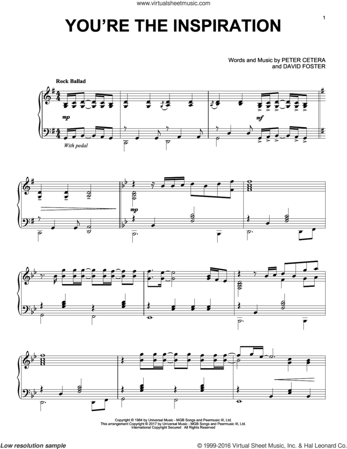 You're The Inspiration sheet music for piano solo by Chicago, David Foster and Peter Cetera, intermediate skill level