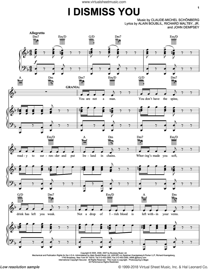 I Dismiss You (from The Pirate Queen) sheet music for voice, piano or guitar by Claude-Michel Schonberg, The Pirate Queen (Musical), Alain Boublil, Boublil and Schonberg, John Dempsey and Richard Maltby, Jr., intermediate skill level