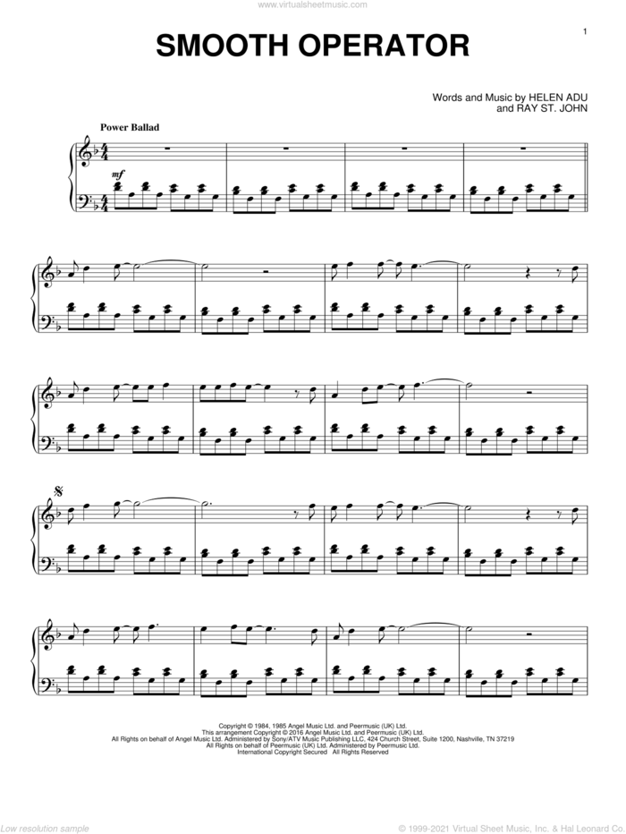 Smooth Operator sheet music for piano solo by Sade, Helen Adu and Ray St. John, intermediate skill level
