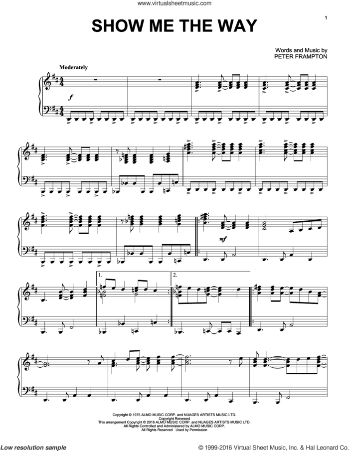 Show Me The Way, (intermediate) sheet music for piano solo by Peter Frampton, intermediate skill level