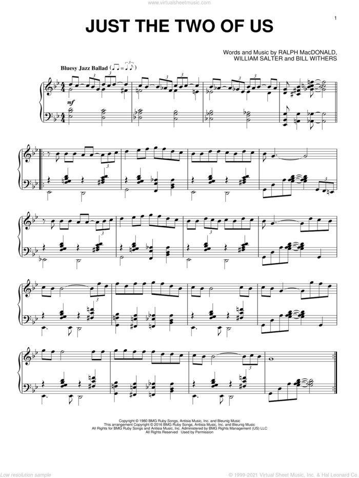 Just The Two Of Us sheet music for piano solo by Grover Washington Jr. feat. Bill Withers, Bill Withers, Ralph MacDonald and William Salter, intermediate skill level