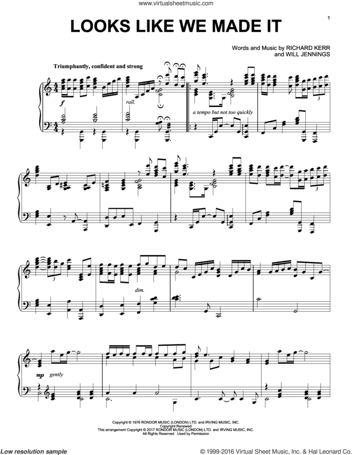 Looks Like We Made It, (intermediate) sheet music for piano solo by Barry Manilow, Richard Kerr and Will Jennings, intermediate skill level
