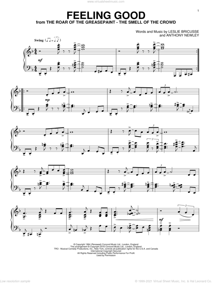 Feeling Good, (intermediate) sheet music for piano solo by Michael Buble, Anthony Newley and Leslie Bricusse, intermediate skill level