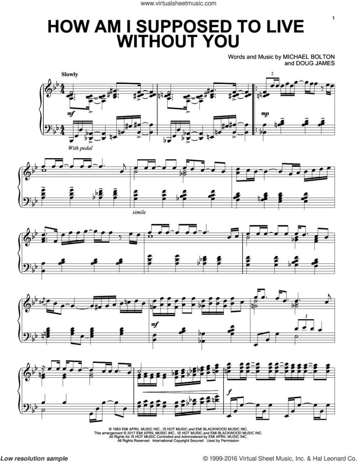 How Am I Supposed To Live Without You sheet music for piano solo by Michael Bolton and Doug James, intermediate skill level