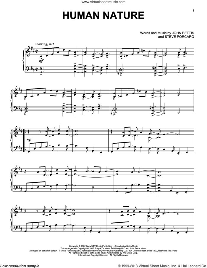 Human Nature, (intermediate) sheet music for piano solo by Michael Jackson, John Bettis and Steve Porcaro, intermediate skill level