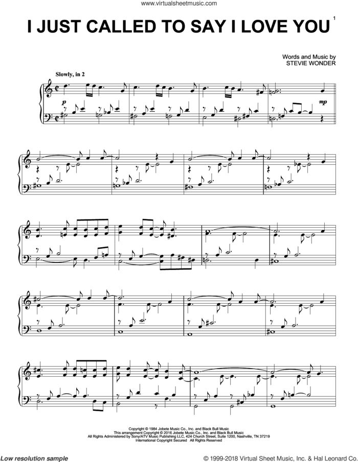 I Just Called To Say I Love You, (intermediate) sheet music for piano solo by Stevie Wonder, intermediate skill level