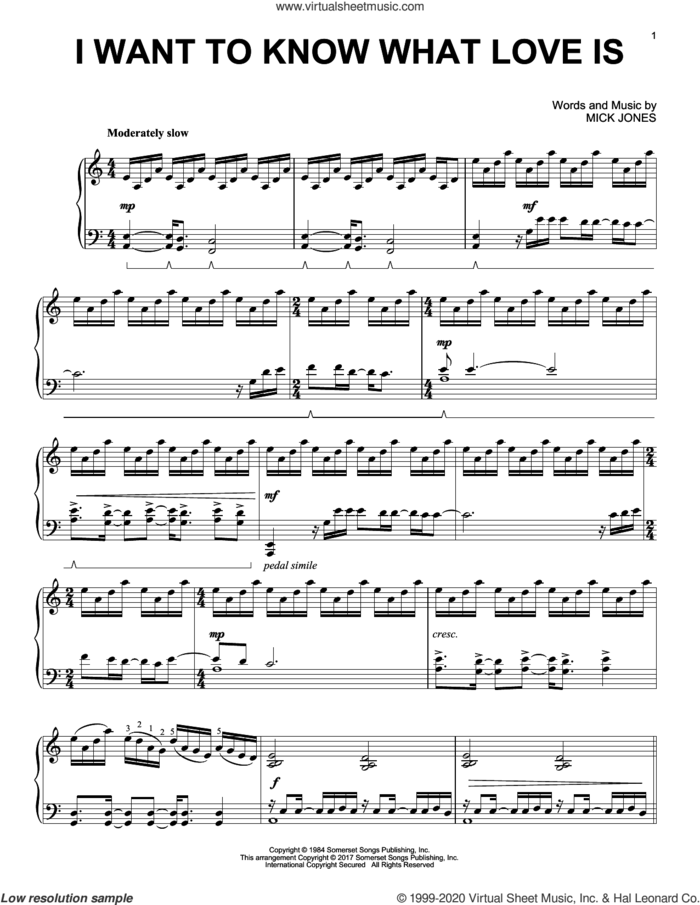 I Want To Know What Love Is sheet music for piano solo by Foreigner and Mick Jones, intermediate skill level