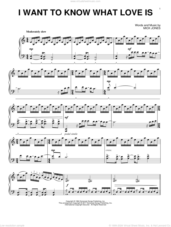 I Want To Know What Love Is sheet music for piano solo by Foreigner and Mick Jones, intermediate skill level